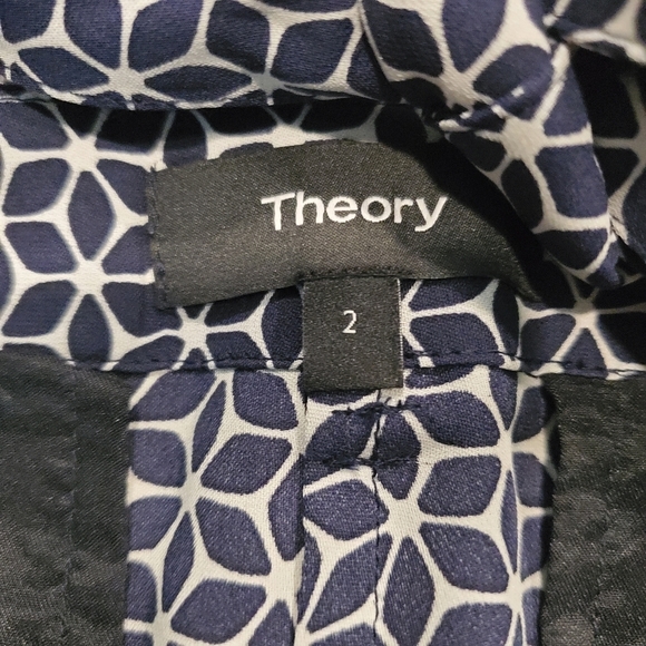 Theory Brilda Geometric Printed Pants Wide Leg Blue White Silk Button Slit 2 New - Picture 5 of 13